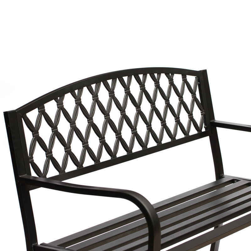 Gardenised Black Outdoor Garden Patio Steel Park Bench Lawn Decor with Cast Iron Back Seating bench, with Backrest and Armrest for Yard, Patio, Garden, Balcony, and Deck