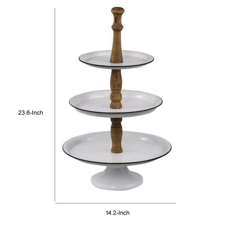 Mlyn 24 Inch 3 Tier Serving Tray, Round Metal Base, White Brown, and Black - Benzara
