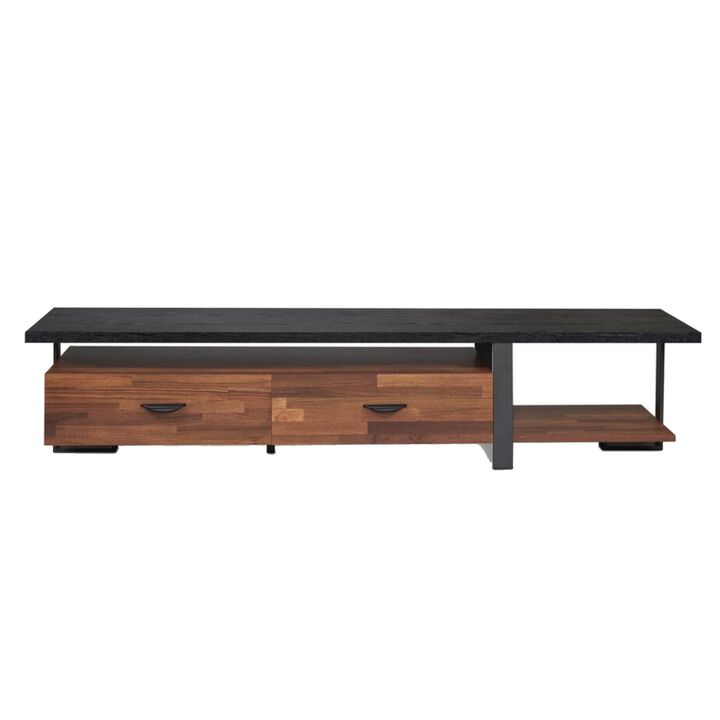 Metal Framed Wooden TV Stand Straight with Two Drawers and Open Shelf, Black and Brown-Benzara