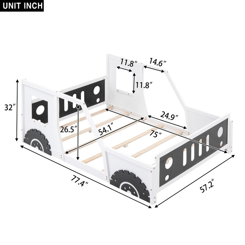 Full Size Classic Car-Shaped Platform Bed With Wheels, White