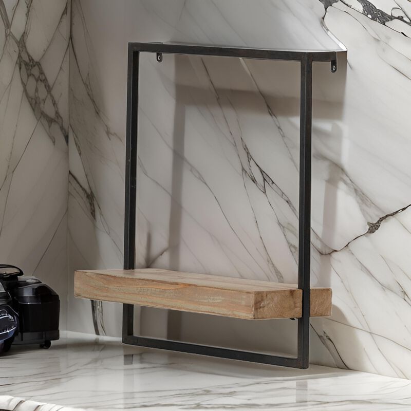 Yin 18 Inch Wall Shelf, Rectangular Industrial Frame, Black Iron Brown Wood - Benzara
