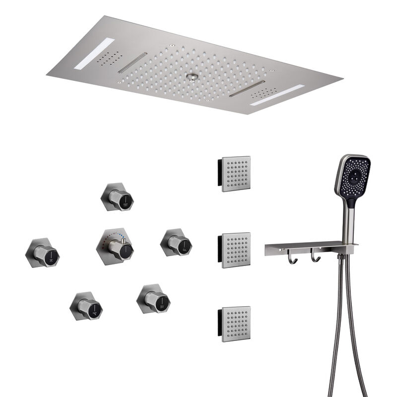 Mondawe Free Combination Handles Flush Ceiling Mounteded Thermostatic 3 Functions 7 Sprays Luxury Shower System with 3 Body Jets and Shower Holder in Brushed Nickel (Rough-in Valve Included)
