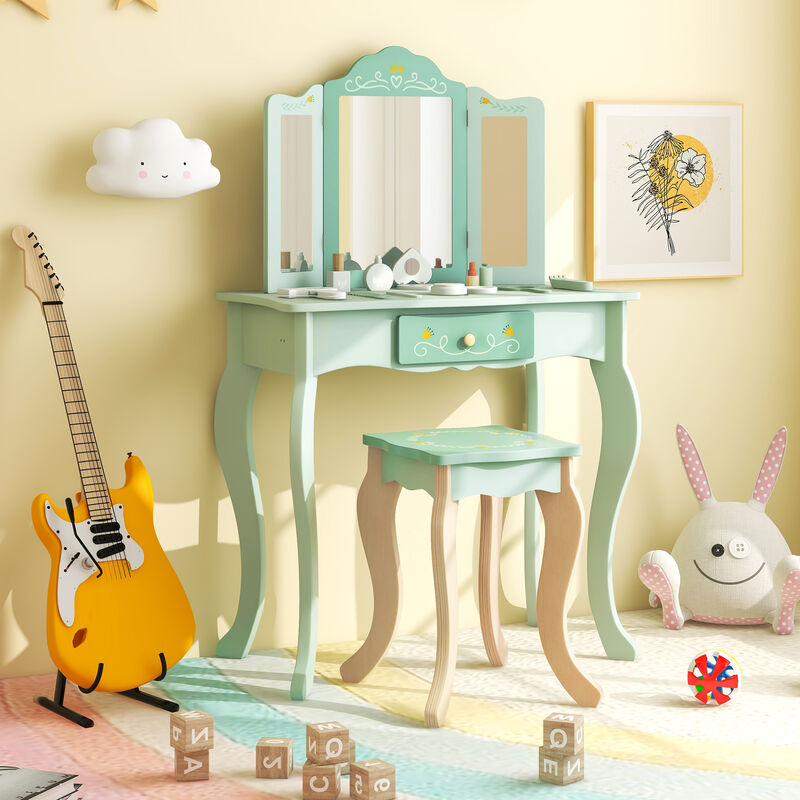 Kids Vanity Set with Tri-Folding Mirror – Girls' Makeup Table with Storage and Chair