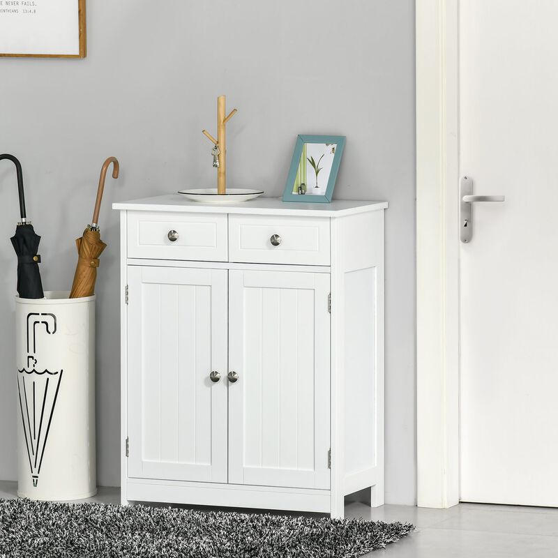 White Bathroom Tower: Freestanding Cabinet with Doors & Drawers