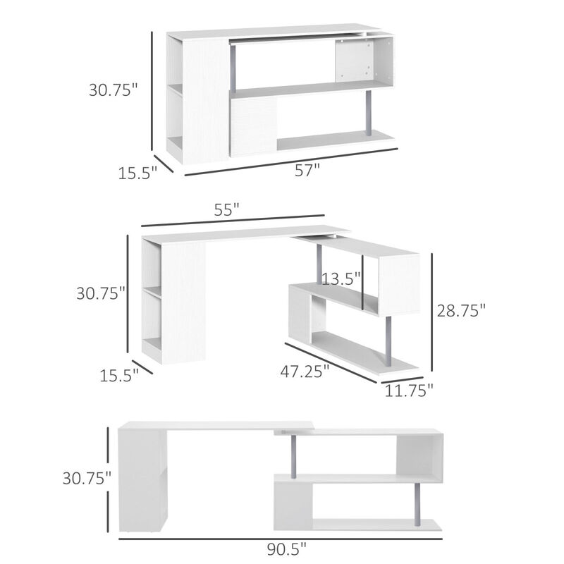 55" L-Shaped Rotating Corner Desk with Storage Shelves
