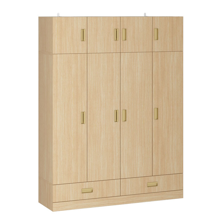 FUFU&GAGA Natural Wood 4-Door Wardrobe, MDF & Rubberwood Construction (63" W x 66.9" H x 18.1" D), Natural Wood Finish