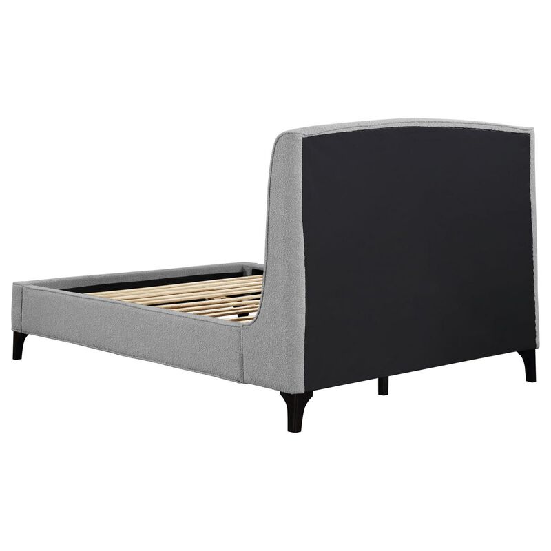 Benjara Mabe Queen Size Bed, Curved Panel Headboard, Soft Gray Fabric Upholstered