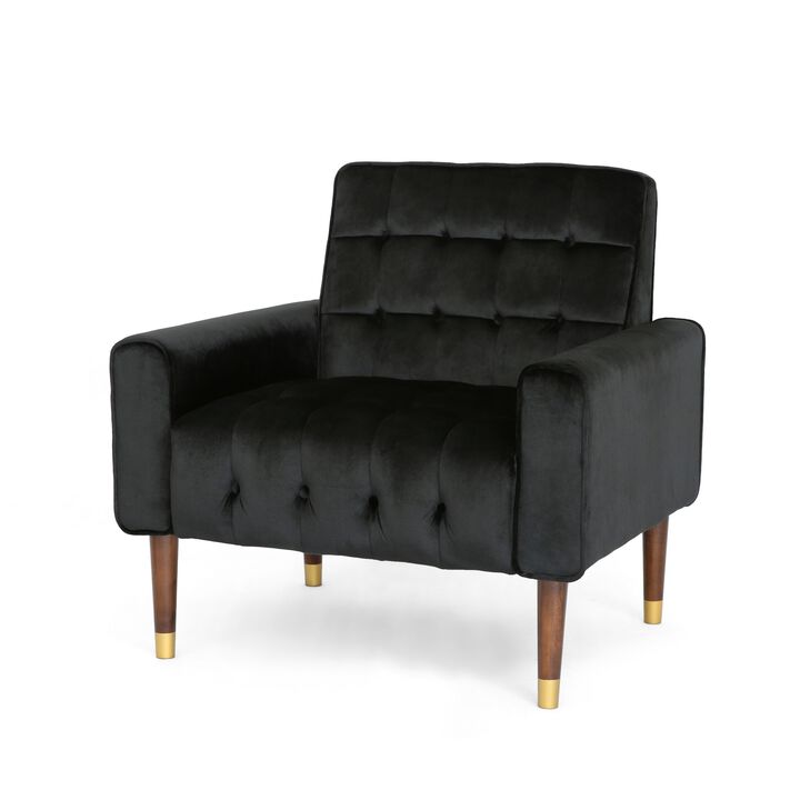 Covia Accent Club Chair with Waffle Stitch Black Velvet, Gold Tip Legs