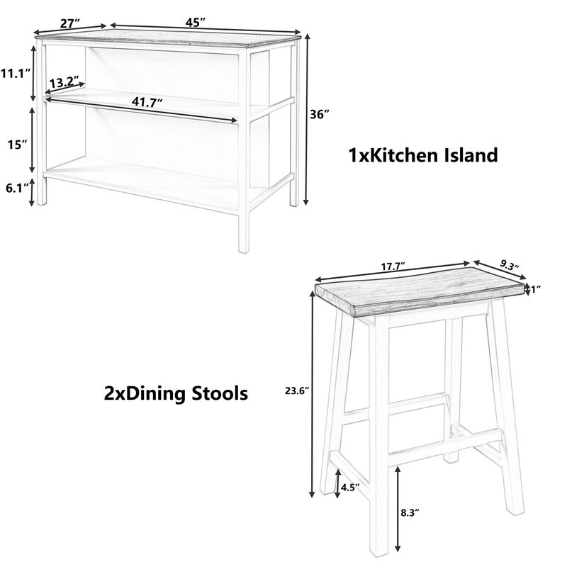 Rustic 3-piece Stationary Kitchen Island Set