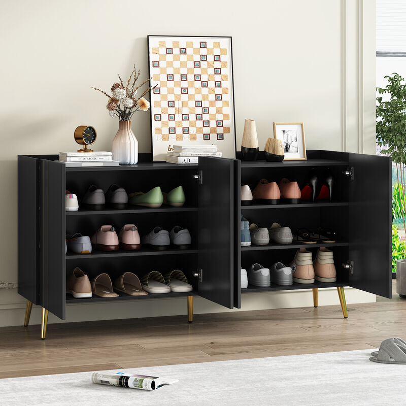 Luxurious Shoe Cabinet with 5 Metal Legs, Modern TV Stand with 4 Adjustable Shelves for TVs Up to 70", Minimalist Sideboard Cabinet with Gold Lines Doors for Living Room