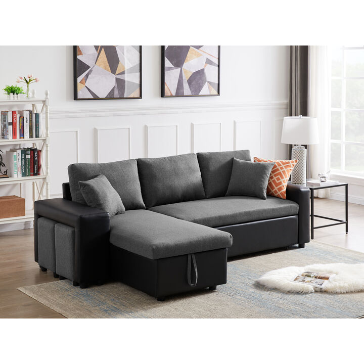 92.5" Linen Reversible Sleeper Sectional Sofa With Storage And 2 Stools Steel