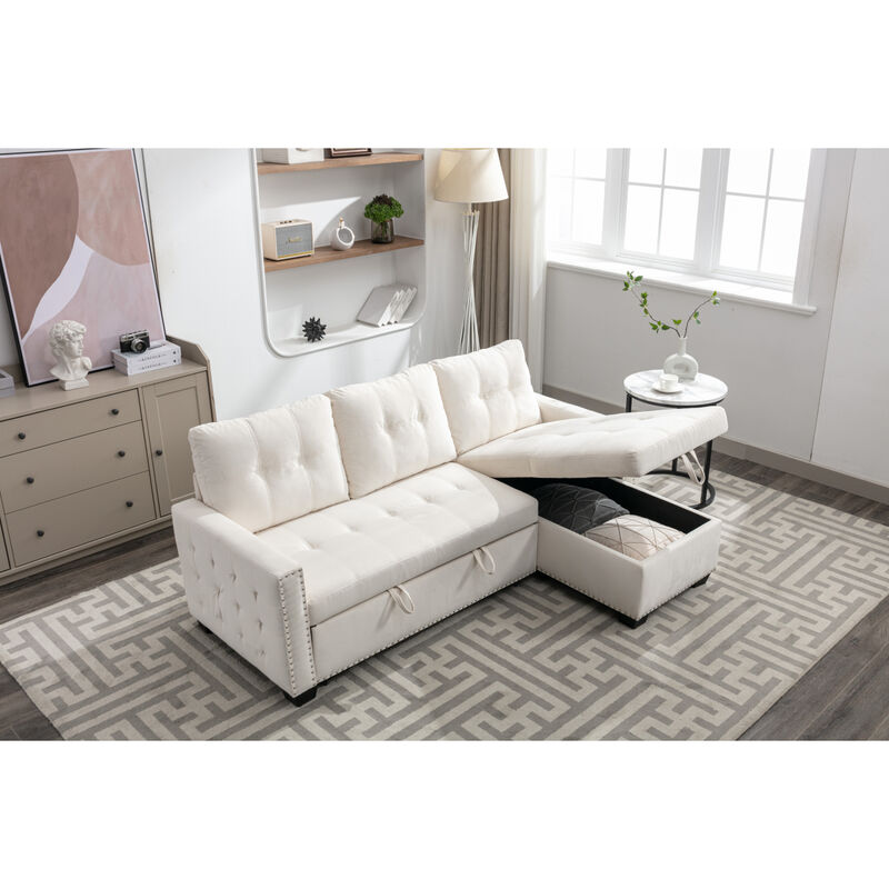 77" Reversible Sleeper Sectional With Storage, Beige Velvet