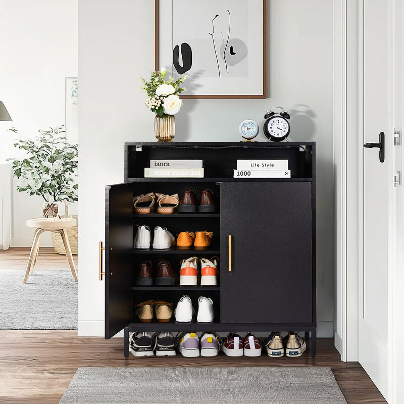Freestanding Shoe Cabinet with Double Doors, 6 Tiers & Built-in LED Lights for Entryway Storage