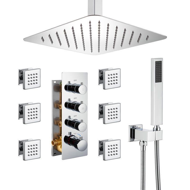 Mondawe 3 Functions Ceiling Mounted Thermostatic Shower System with 6 Body Jets and Rough-in Valve in Chrome