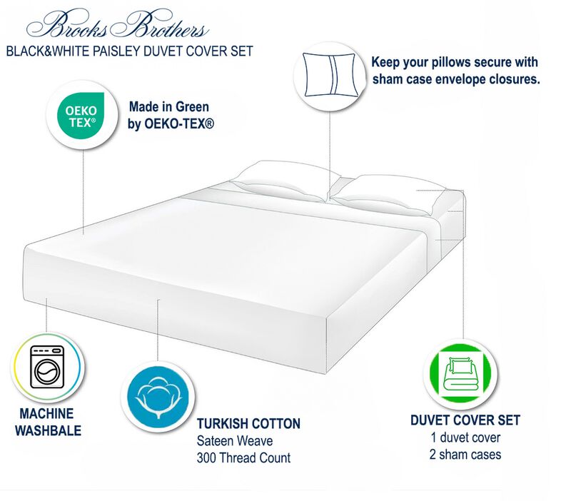 Brooks Brothers Black & White Paisley Cotton Sateen Duvet Cover Set