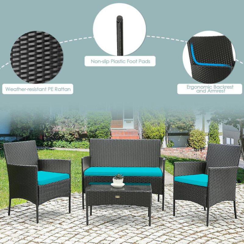 Hivvago 4 Pieces Patio Rattan Cushioned Sofa Set with Tempered Glass Coffee Table
