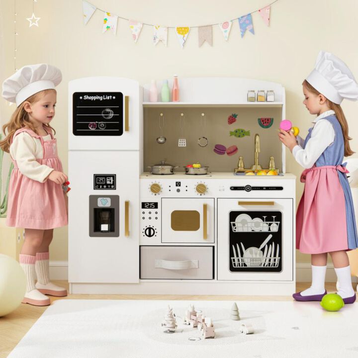 Kids Kitchen Playset with Chalkboard, Ice Maker, Sink, and Lighted Microwave for Pretend Play