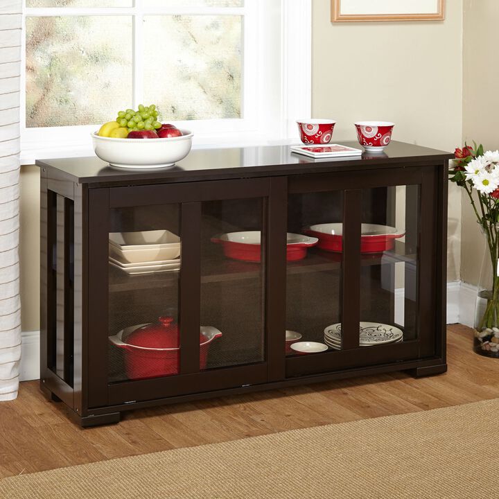 Hivvago Espresso Sideboard Buffet Dining Kitchen Cabinet with 2 Glass Sliding Doors