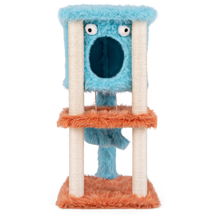 Cute Monster-Themed Cat Tower with Private Condo, Soft Long Plush & Scratching Posts