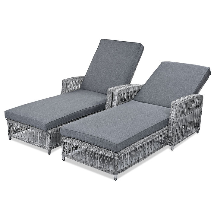 Whisen 2 Pieces Outdoor Wicker Long Reclining Chaise with Armrests, Patio Adjustable Recliner with Soft Removable Cushions