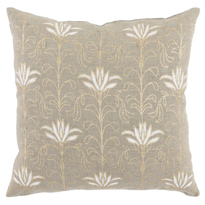 20 Inch Square Linen Accent Throw Pillow, Foil Design, Floral, Beige, Gold-Benzara