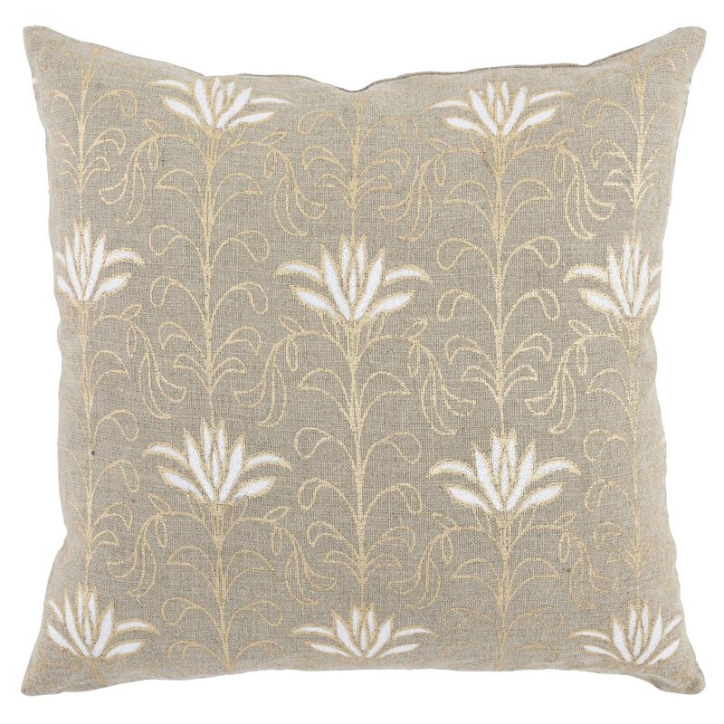 20 Inch Square Linen Accent Throw Pillow, Foil Design, Floral, Beige, Gold-Benzara