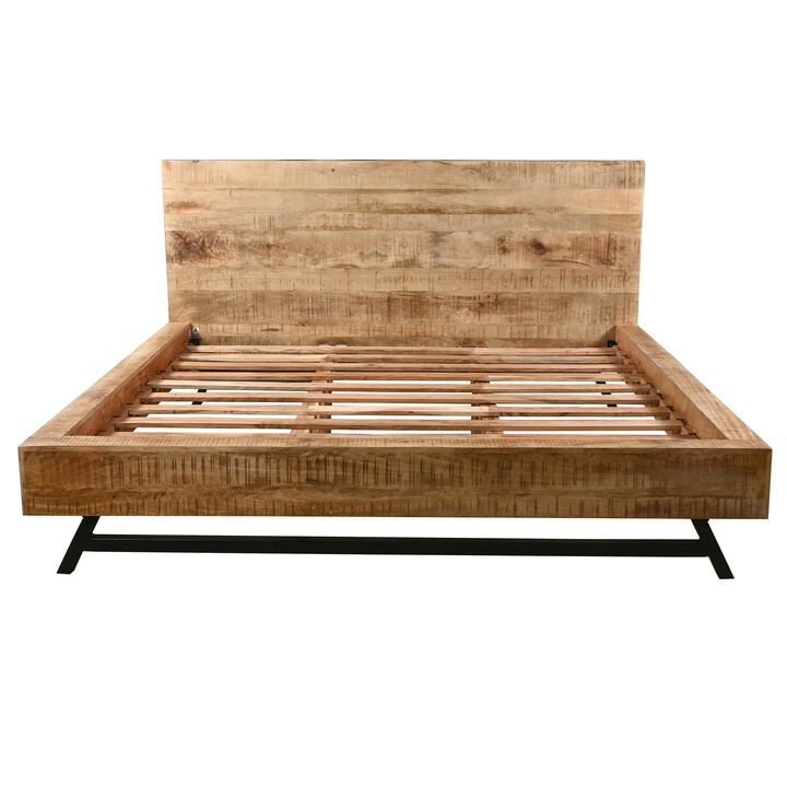Bree Modern Rustic Queen Size Platform Bed, Brown Acacia & Mango Wood Frame, Black Iron Angled Legs