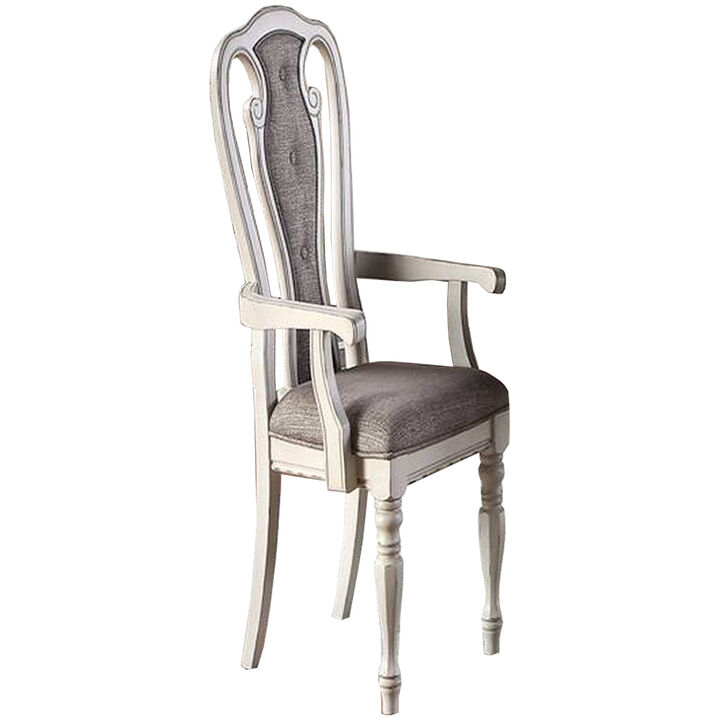 Wooden Arm Chair with Button Tufted Back, Set of 2, Cream and Gray - Benzara