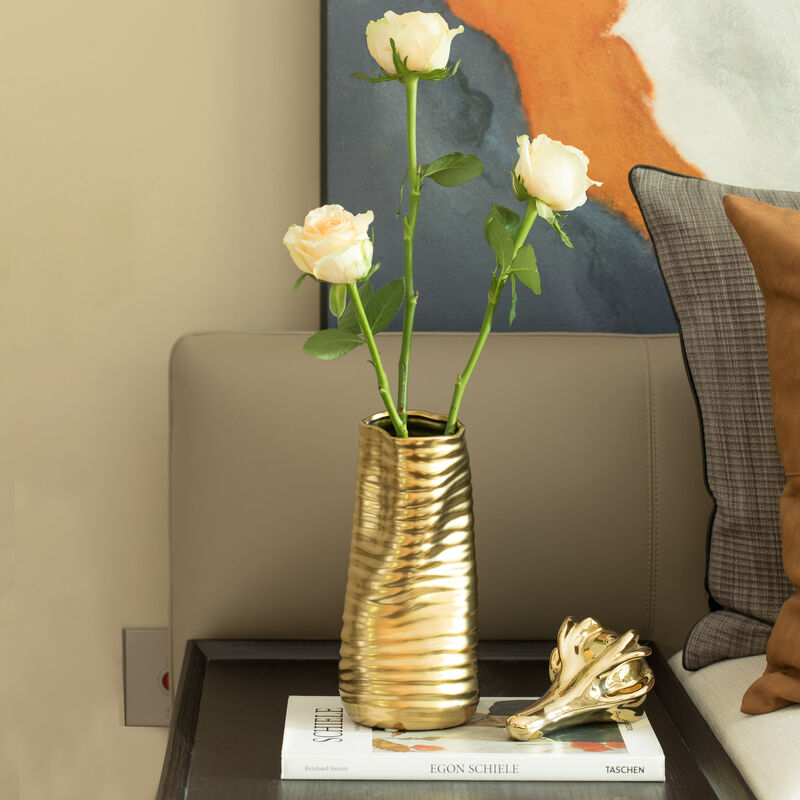 "9"" H Ceramic Bent Melted Modern Style Sculpture Table Centerpiece Flower Vase, Gold"