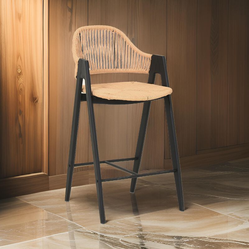 26 Inch Counter Stool Chair Set of 2, Woven Back, Iron Frame, Rattan, Beige - Benzara