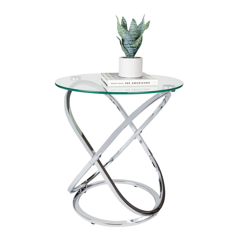 Galaxy Tempered Glass Round End Table with Cross Base Metal Frame