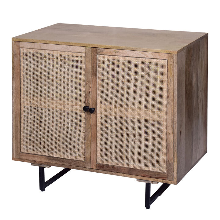 35 Inch Handcrafted Accent Cabinet with 2 Mesh Rattan Doors, Black Iron Legs, Natural Brown Mango Wood Frame-Benzara 35 Inch Handcrafted Accent Cabinet with 2 Mesh Rattan Doors, Black Iron Legs, Natural Brown Mango Wood Frame-Benzara