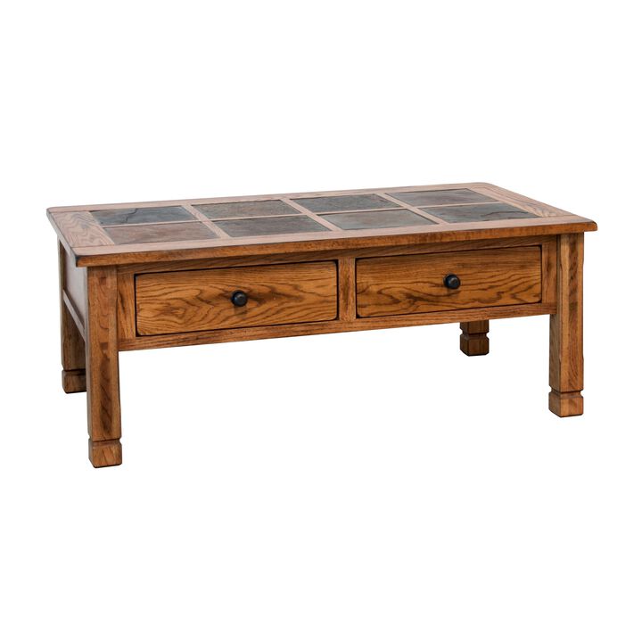 Marv Coffee Table, 2 Drawers, 49 Inch Rectangular w Brown Slate Inlay - Benzara