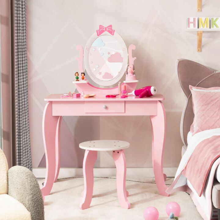 Hivvago Kid Vanity Table Stool Set with Oval Rotatable Mirror-Pink