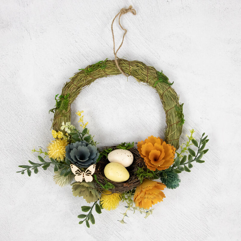 12" Easter Egg and Bird Nest Wreath with Wooden Flowers