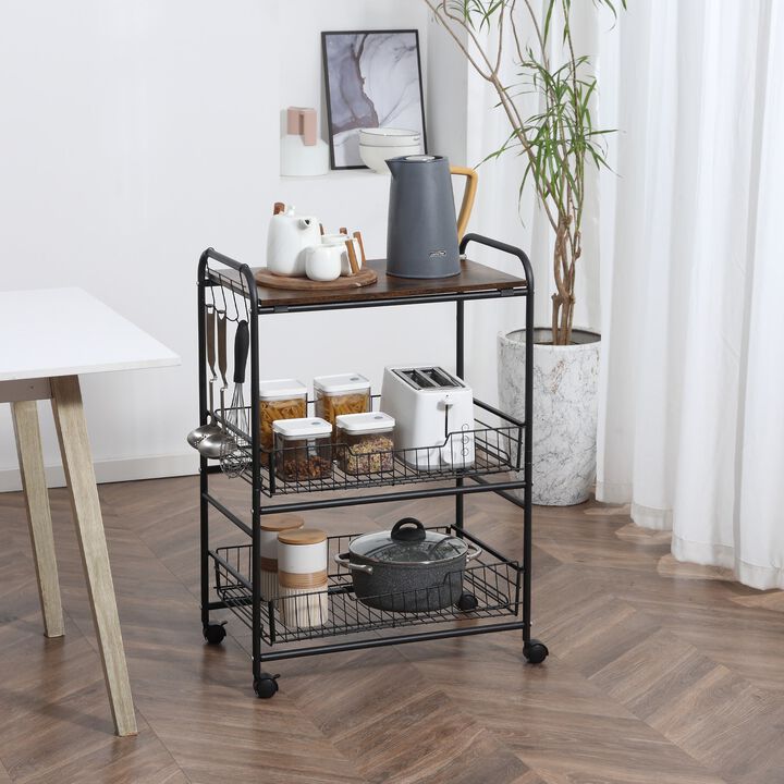 Brown Culinary Aid: 24" 3-Tier Rolling Cart with Basket Drawers