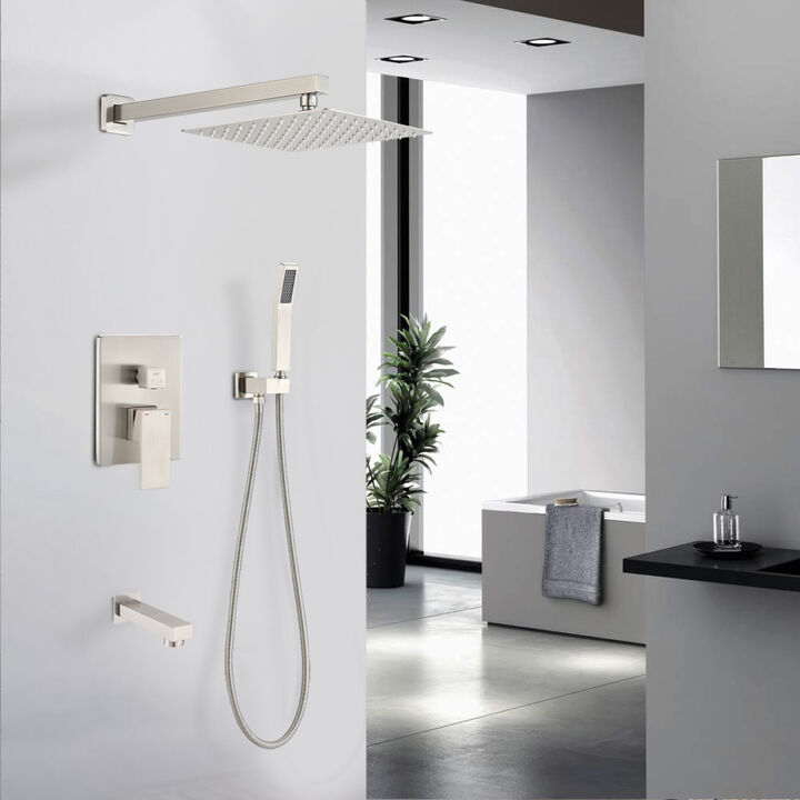 Brushed Nickel Shower System 10 Inch Brass Bathroom Deluxe Rain Mixed Shower Combination Set