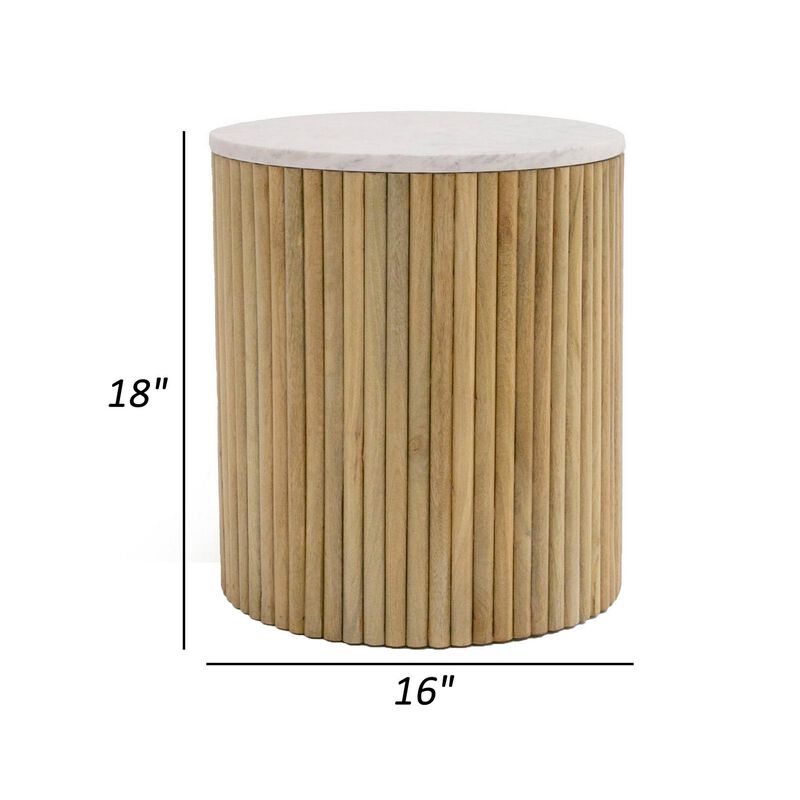 Cid Jolie 18 Inch Side End Table, White Marble Top, Brown Mango Wood Base - Benzara