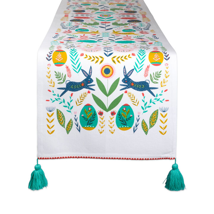 72" White and Blue Easter Eggs Printed Table Runner with Tassel Edges