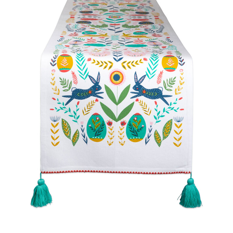 72" White and Blue Easter Eggs Printed Table Runner with Tassel Edges