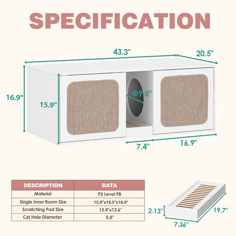 Litter Box Enclosure With 2 Sisal Doors, Indoor Wood Stackable Cat Washroom Storage Cabinet Bench End Table Furniture