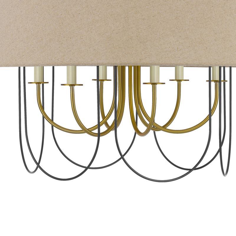 Pomy 28 Inch Chandelier, Hardback Burlap Shade, Gold Black Metal - Benzara