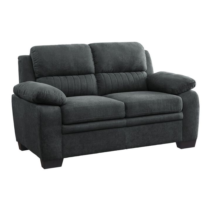 Hugh 58 Inch Loveseat, Dark Gray Polyester, Foam Cushioned, Solid Wood - Benzara