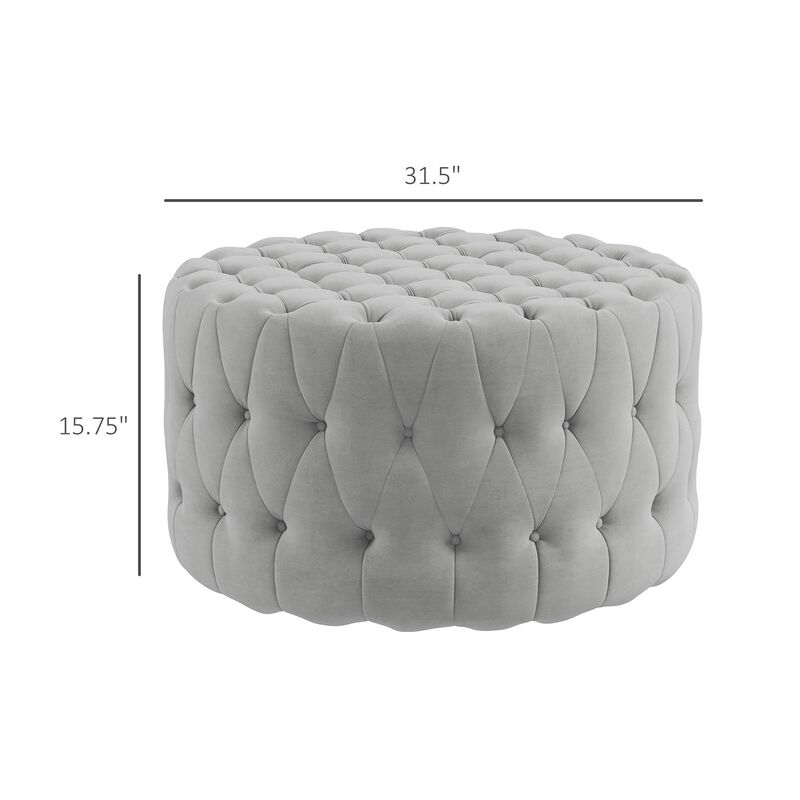 Gray Velvet-Feel Round Ottoman: Button Tufted, Padded Seat