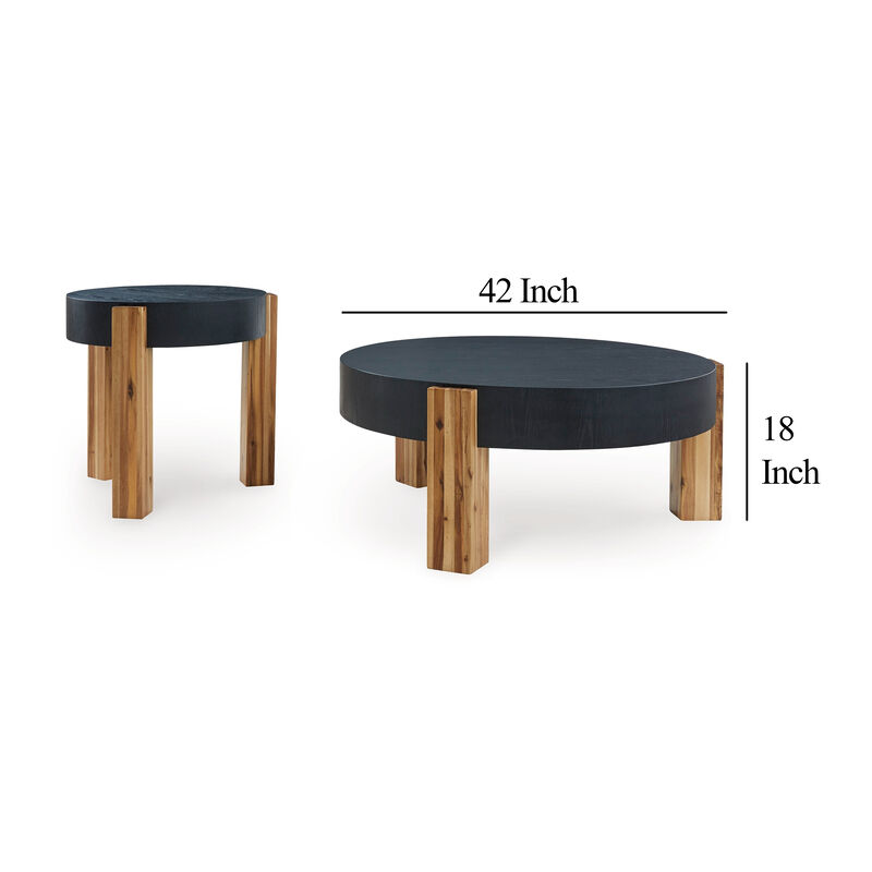 Moy 2pc Coffee and End Table Set, Round Black Textured Top, Solid Wood - Benzara