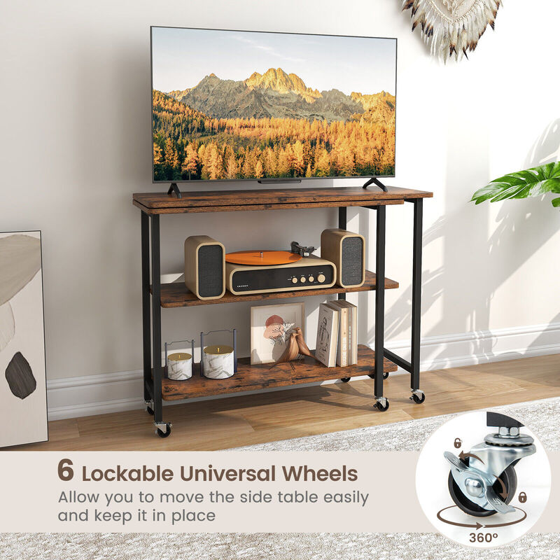 360� Rotating Sofa Side Table with 2-Tier Storage Shelves-Rustic Brown