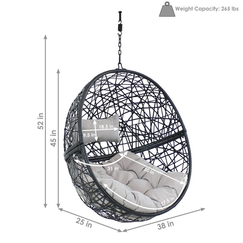Sunnydaze Black Resin Wicker Round Hanging Egg Chair with Cushions