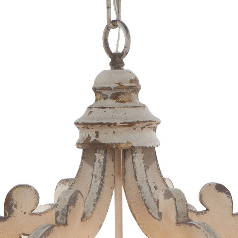 Aki 21 Inch 6 Light Chandelier, Carved Wood Frame, Classic, Vintage, White-Benzara