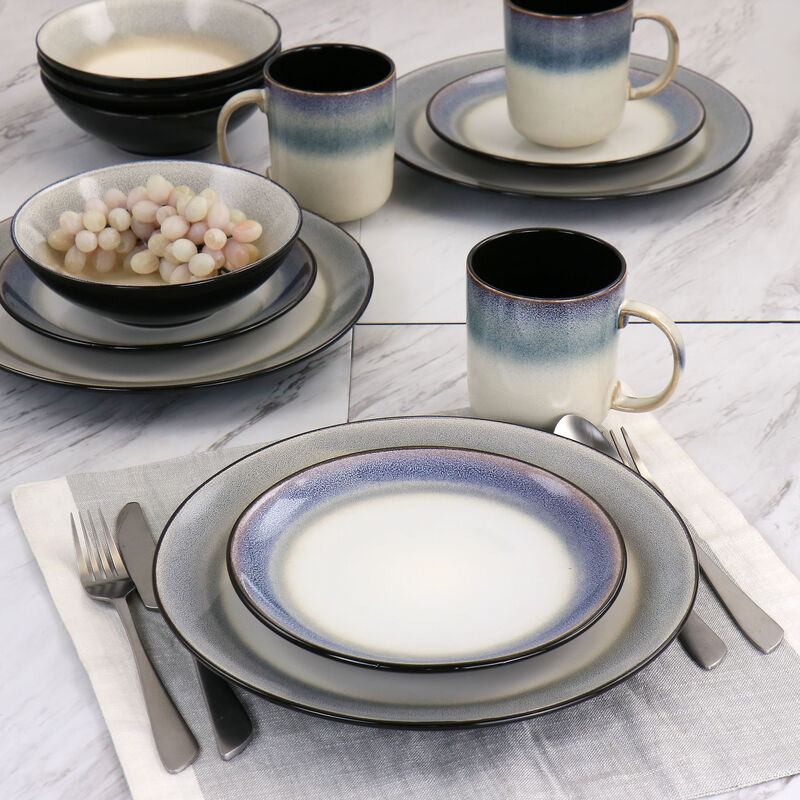 Gibson Elite Rings of Saturn 16 Piece Reactive Glaze Stoneware Dinnerware Set in Grey