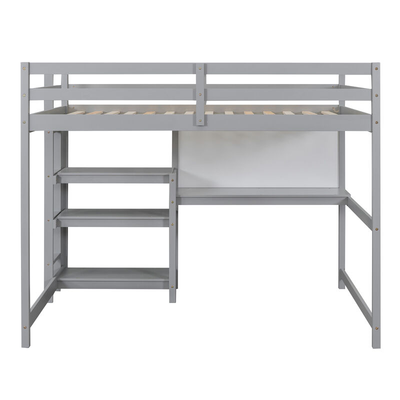 Full Size Wooden Loft Bed With Shelves, Desk And Writing Board